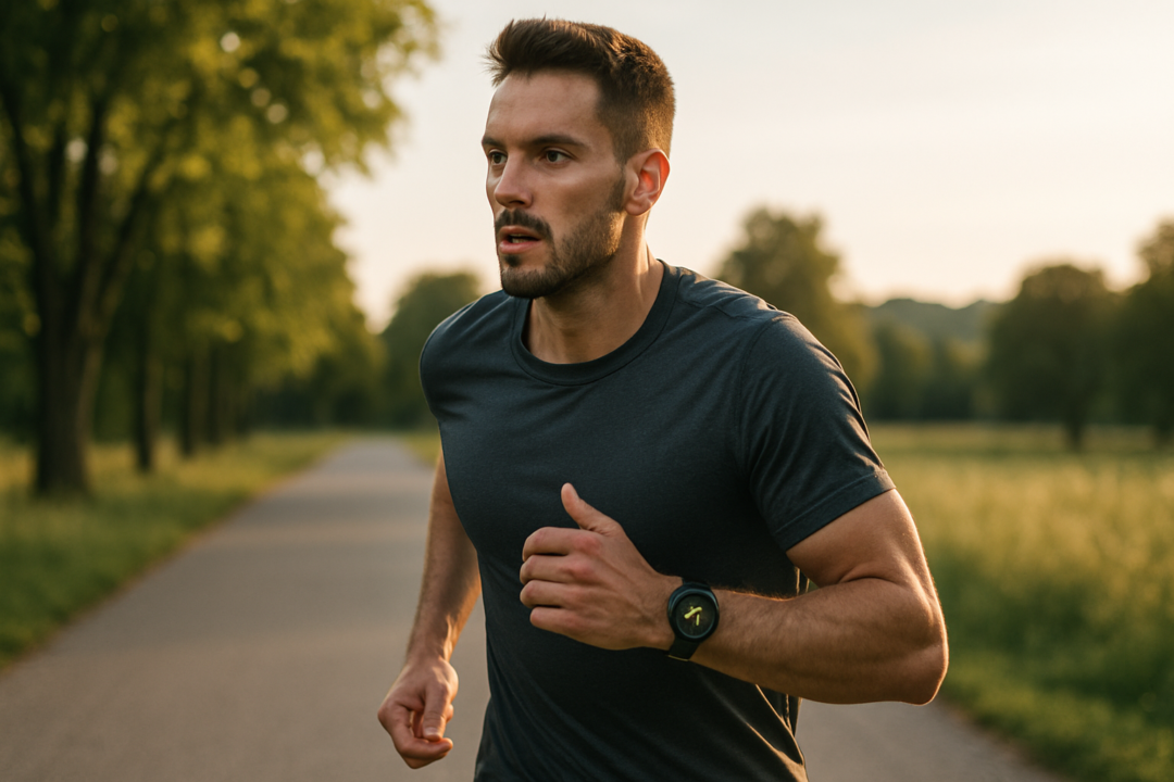 Athlete running outdoors with steady heart rate monitor for Zone 2 Cardio training