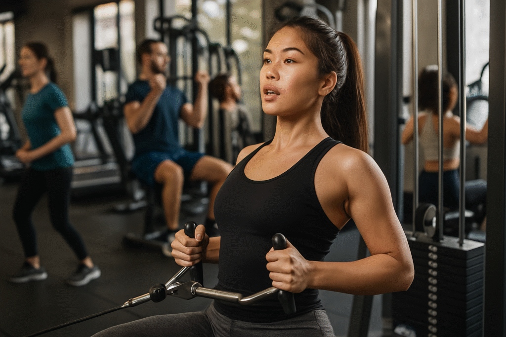 Beginner's guide to fitness – young adults exercising in a modern gym environment.