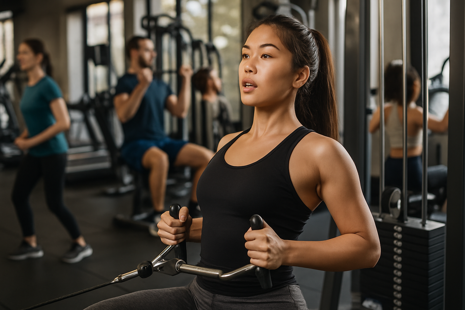 Beginner's guide to fitness – young adults exercising in a modern gym environment.