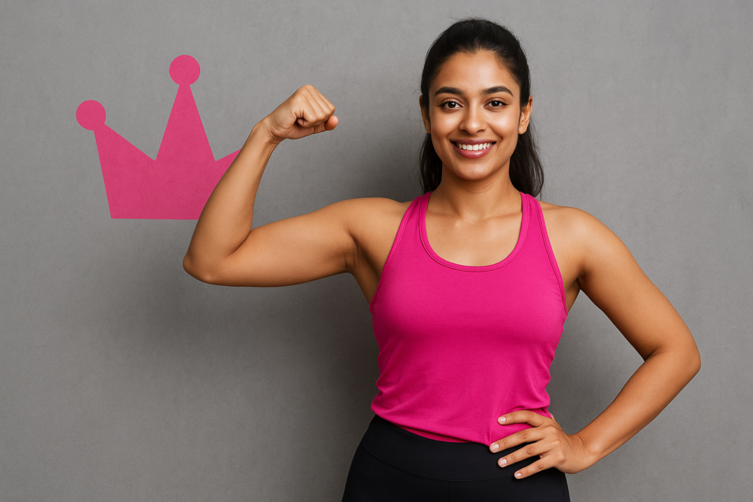 Confident young woman in pink sportswear flexing her arm, symbolizing strength and empowerment in managing PCOD and PCOS naturally through fitness at XFit Gym UAE.