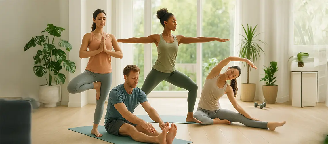 Wellness Trends -Four people practicing wellness activities in a bright indoor space with greenery; one person in Tree Pose, another in Warrior II, one stretching forward on a mat, and another doing a side stretch, all in a serene, natural light setting.