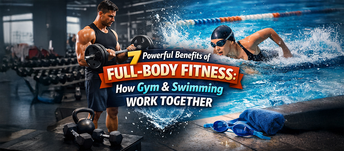 Full-body fitness concept showing a man lifting weights in a gym and a woman swimming in a pool, illustrating how gym workouts and swimming work together for strength, endurance, and overall health.