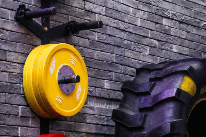 a group of weights on a wall