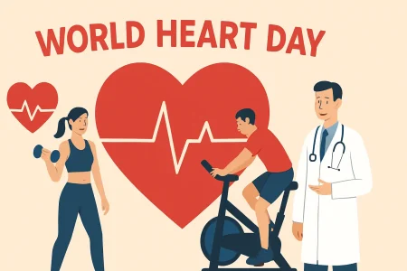 Illustration of World Heart Day showing a large red heart with an ECG line, a woman lifting dumbbells, a man on an exercise bike, and a doctor promoting heart health and fitness.